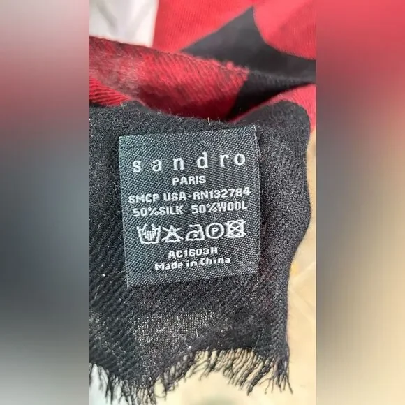 Sandro Paris Scarf Wool & Silk Blend Buffalo Checked Red Black